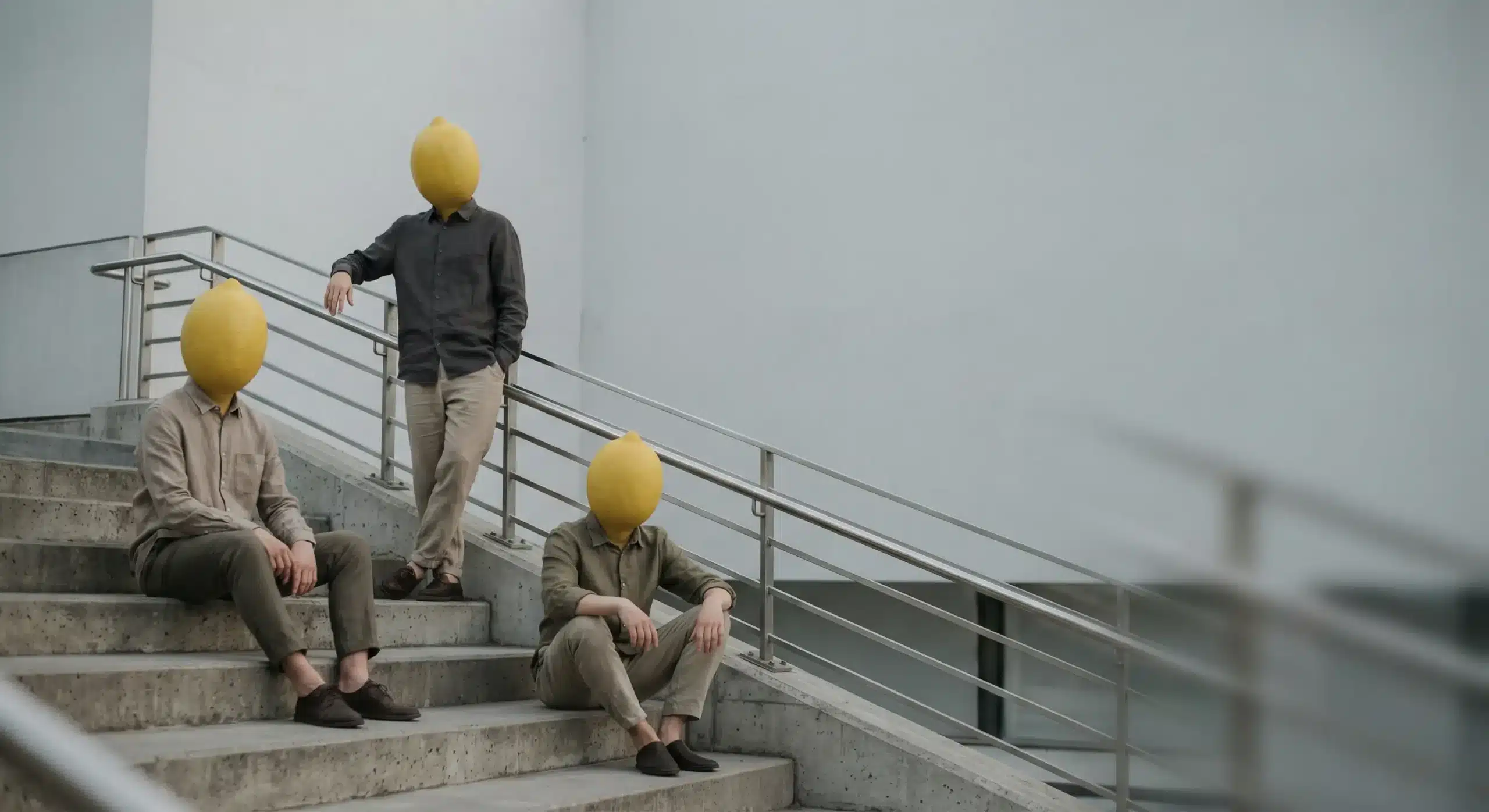 Three people with lemons for heads sitting on concrete stairs, the Lemon Three team